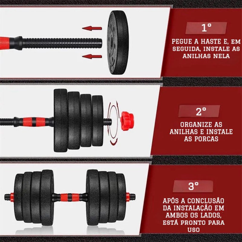 Kit Halteres + Barra Kettlebell 6 em 1 Pesos de Musculação - Vitalis Sport™